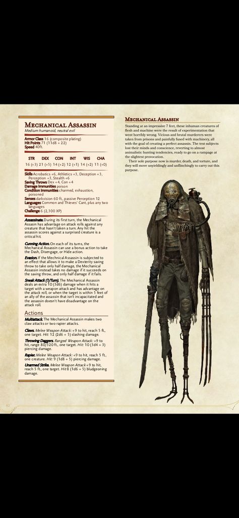 Assassin Dnd 5e, Dnd Boss Stat Block, Dnd Machine Monster, D&d 5e Monsters, D&d Monster Stats, Dnd Assassin Stats, Dnd Clockwork Monsters, Scary Dnd Monsters, Dnd Enemy Sheet