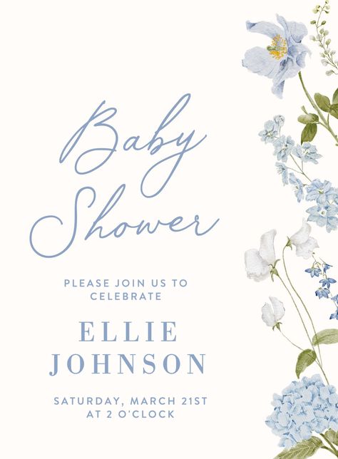 Blue Hydrangea Baby Shower Invitation | Evite Blue Flower Baby Shower Theme, Flower Baby Shower Theme, Baby Shower Templates, Baby Shower Flowers, Floral Baby Shower, Online Invitations, Blue Hydrangea, Baby Shower Theme, Baby Shower Invitation