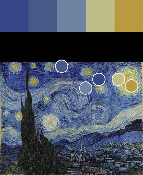 Step By Step Starry Night Painting, How To Paint Starry Night, Starry Night Line Art, Starry Night Color Palette, Starry Night Inspired Art, Living Room Color Palette, Room Color Palette, Starry Night Art, Starry Night Painting