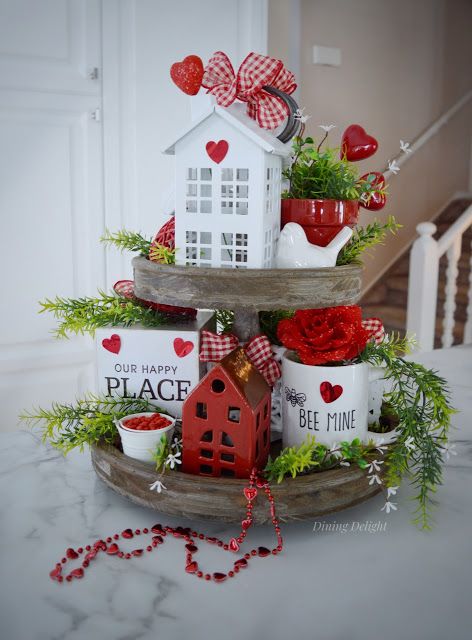 Dining Delight: Valentine Tiered Tray Decor | Featured at the Home Matters Linky Party 269 #valentinesday #tieredtraydecor Three Tiered Tray, Valentine Tiered Tray, Decor Valentines Day, Valentine Centerpieces, Diy Valentine's Day Decorations, Valentine Tree, Tiered Tray Diy, Diy Valentines Decorations, Tray Ideas