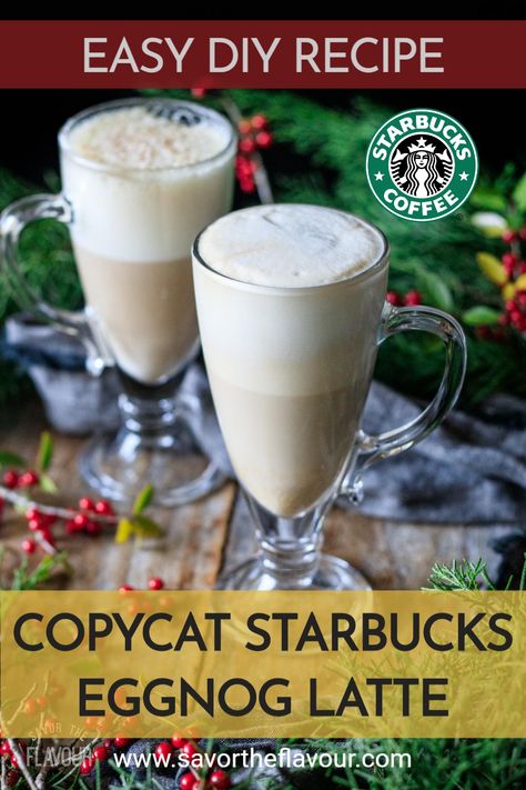 Want to make a Starbucks eggnog latte at home this Christmas? This easy recipe makes a healthy and delicious version of this festive coffee drink. It’s vegan friendly, and can be made iced or hot. Eggnog Iced Coffee, Starbucks Eggnog Latte Recipe, Eggnog Coffee Recipe, Eggnog Frappuccino, Eggnog Latte Recipe, Eggnog Coffee, Alcoholic Recipes, Eggnog Recipes, Fancy Coffee Drinks