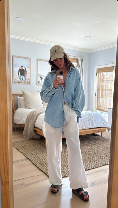 Chilly Summer Outfit Casual, Cute Breakfast Outfits Summer, Work Beach Outfit, East Hampton Outfits, Summer Jeans And Sneakers Outfit, Casual Mum Outfit Summer, New England Aesthetic Outfits, White Linen Pants Outfit Fall, Casual Button Down Outfit