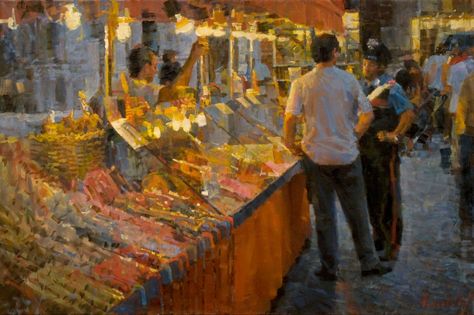 "Candy Vendor, Via Fillungo" oil on canvas, 24" x 36" James Crandall, Easel Painting, Painting Competition, Representational Art, Third Place, Cafe Art, Painting People, Oil Painters, Paintings I Love