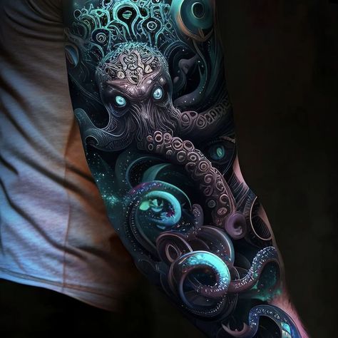 Ship Tattoo Sleeves, Cthulhu Tattoo, Octopus Tattoo Sleeve, Kraken Tattoo, Octopus Tattoo Design, Chest Piece Tattoos, Sun Tattoos, Octopus Tattoo, Best Sleeve Tattoos