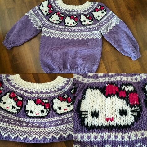 Hello kitty genser sweater knitting Hello Kitty Knitting, Christmas Sweater Diy, Sweater Diy, Hello Kitty Crochet, Knitting Patterns Free Sweater, Embroidery Tips, Kitty Christmas, Knitting Tips