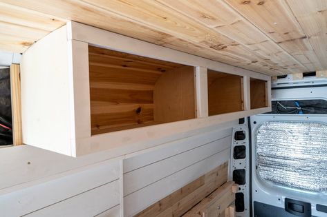 Cabinets With Pull Out Shelves, Enclosed Trailer Cabinets, Van Cabinets, Enclosed Trailer Camper, Camper Interior Design, Ford Transit Camper, Conversion Van, Van Storage, Van Conversion Interior