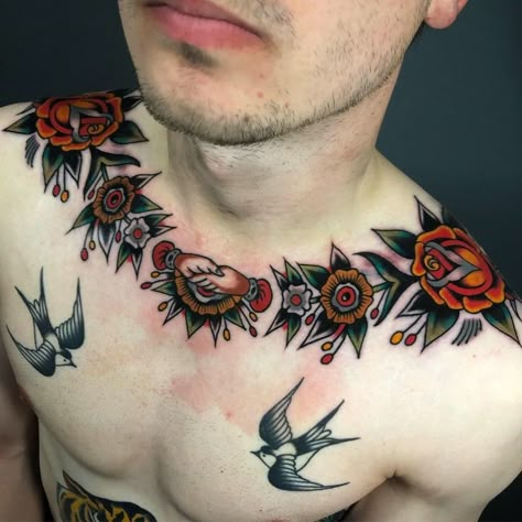 American Traditional Tattoos Collar Bone, Neck Tattoo For Guys Traditional, Traditional Clavicle Tattoo, American Tradition Chest Tattoo, Traditional Tattoos Chest Piece, Collar Neck Tattoo, Traditional Tattoo Collar Bone, American Traditional Collar Tattoo, Collarbone Tattoo American Traditional