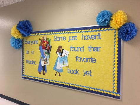 Beauty and the Beast board Disney Library Bulletin Boards, Disney Reading Corner, Disney Library Theme, Beauty And The Beast Bulletin Board, Beauty And The Beast Classroom Theme, Beauty And The Beast Classroom, Pixar Classroom, Fairytale Classroom, Pta Themes