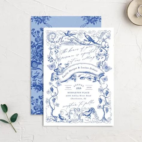 Vintage Toile wedding invitation ideas French Wedding Invitations Design, Toile Wedding Invitations, Blue Toile Wedding, Chinoiserie Wedding Invitation, Southern Wedding Invitations, Toile Wedding, French Style Wedding, French Themed Wedding, French Inspired Wedding