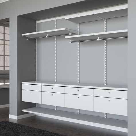 Elfa Decor 8' White Men's Reach-In Closet | The Container Store Master Wardrobe Design, Closet Diy Makeover, Bedroom Closet Diy, Reach In Closet Makeover, Elfa Drawers, Behind Bed Ideas, Reach In Closet Ideas, Affordable Closet Systems, Modern Closets