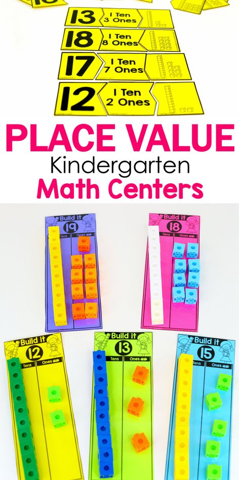 Teach place value with in kindergarten with these hands-on math centers!  Compose and decompose teen numbers with tens and ones to build number fluency. Base Ten Kindergarten, Area Of Rectangle, Numbers And Operations Kindergarten, Hands On Teaching Ideas, Tens And Ones Activity, Tens And Ones Activities, Number Fluency, Kindergarten Math Tubs, Kinder Math Centers