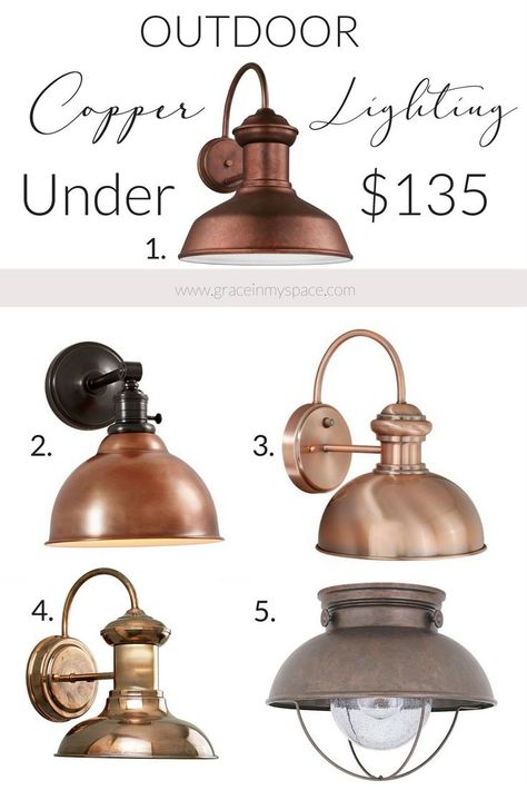 Do you love how copper has infiltrated the design world? Copper is so warm and adds a lovely farmhouse style to your home. I've rounded up five outdoor copper lights for you, along with a special surprise! Faux Copper Lights, Lake House Exterior Lighting, Cooper Exterior Lights, Exterior Farmhouse Lights, Copper Porch Light, Copper Gooseneck Exterior Light, Exterior Cottage Lighting, Copper House Accents, Copper Exterior Lights