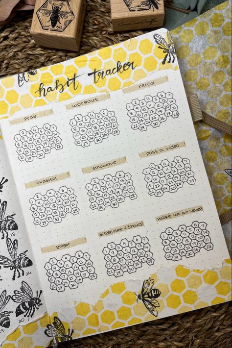 Bullet journal for June, habit tracker June Habit Tracker Bullet Journal, June Habit Tracker, Bee Bullet Journal, Bullet Journal Water Tracker, Bullet Journal Habit Tracker Ideas, Habit Tracker Journal, June Bullet Journal, Journal 2025, April Bullet Journal