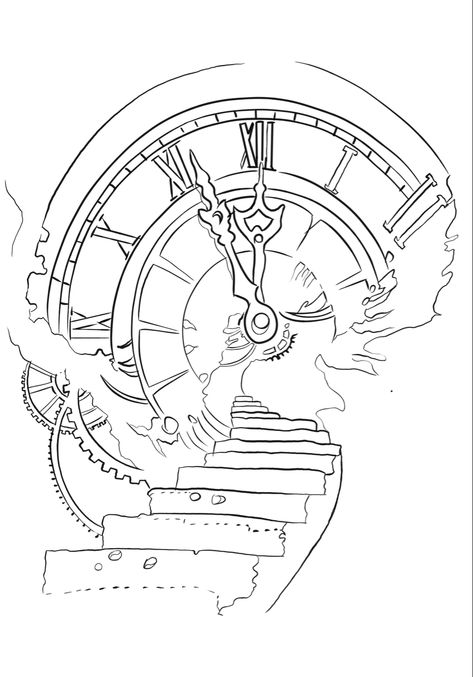 Clock Outline Tattoo, Compus Drawing Ideas, Clock Drawing Sketches, Clock Design Drawing, Clock Tower Drawing, Clock Tattoo Stencil, Steampunk Sketch, Clock Sketch, Jam Pasir