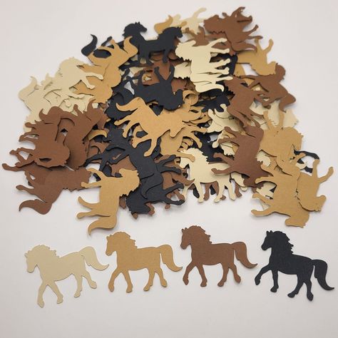 This listing is for 100 pieces of horse confetti in 4 different colors, drawn in the Picks & Stones Designs studio.    QUANTITY You will receive: 25 of each 3 shades of brown horses and 25 black horses.  100 horses total. QUALITY The confetti is made of 65lb card stock and arrives all mixed together!!  Please swipe to see a pic with appropriate sizing!! Customization is always available! PLEASE contact the shop BEFORE ordering if you require Customization. Horse Theme Decorations, Horse Themed Decorations, Stick Horse Birthday Party, Horses Party Decorations, Country Western Party, Horse Party Decorations, Country Western Parties, Brown Horses, Cowboy Design