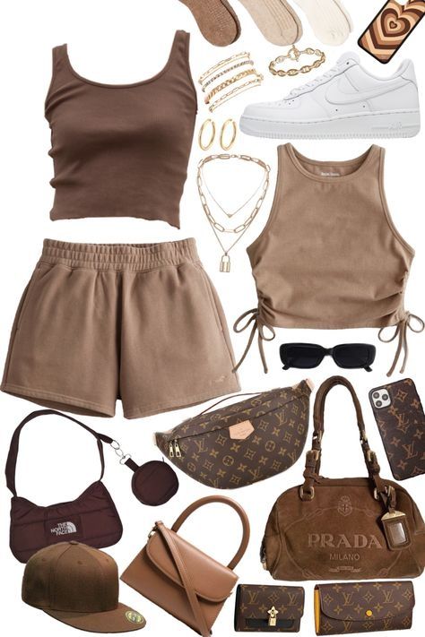 Brown Comfy Outfit, Brown Aesthetic Outfit Ideas, Brown Aesthetic Outfit Summer, Brown Neutrals Outfit, Brown Sweatshorts Outfit, Tan Clothes Aesthetic, Soft Brown Clothes Aesthetic, Soft Brown Aesthetic Outfit, Cute Brown Outfit Aesthetic