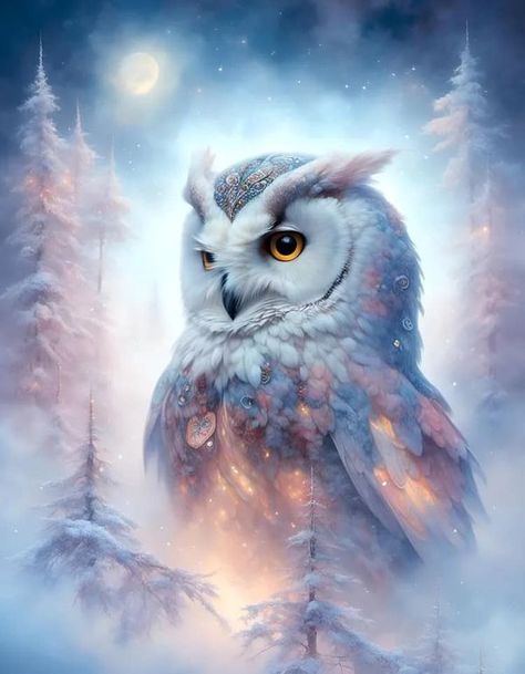 NightCafe AI Art Official | <lora:LisaC:1.0> Hyper detailed snow owl with soft pastel snowy night ethereal fantasy hyperdetailed mist Thomas Kinkade | Facebook Snow Owl Art, Snowy Owl Art, Winter Owls, Drawing Nature, Alice In Wonderland Aesthetic, Owl Artwork, Winter Owl, Snowy Night, Owl Wallpaper