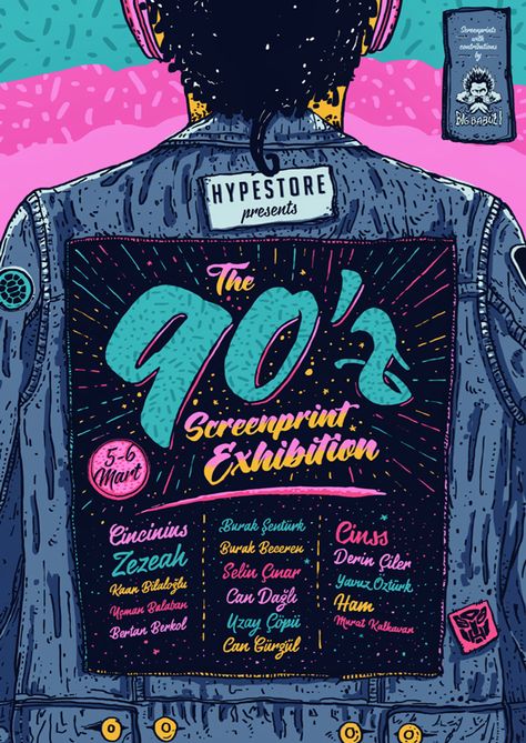 Born in 80's, grew up in 90's but still kids today. 90'z is a screenprinted poster exhibition inspired by 90's pop culture and cartoons. 16 kidults printed their own posters with their bare hands. Hand printed posters are limited edition of 20 and will be… Exhibition Inspiration, Event Poster Template, Poster Sport, Poster Club, Event Posters, Graphisches Design, Desain Editorial, Marketing Poster, New Retro Wave