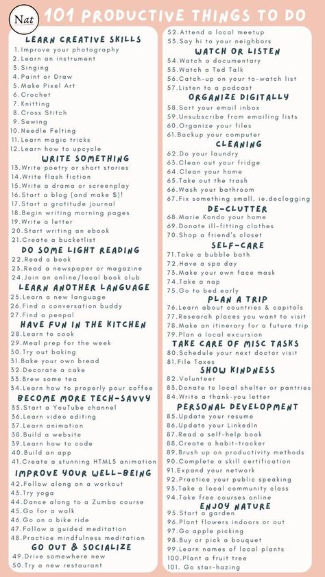 Productive List To Do, Things To Work On Yourself List, Ideas For Lists To Make, 100 Productive Things To Do, To Do List When Bored, Things To Put On Calendar, To Do List Daily Things To Do, Things To Do After Work Ideas, New Things To Learn List