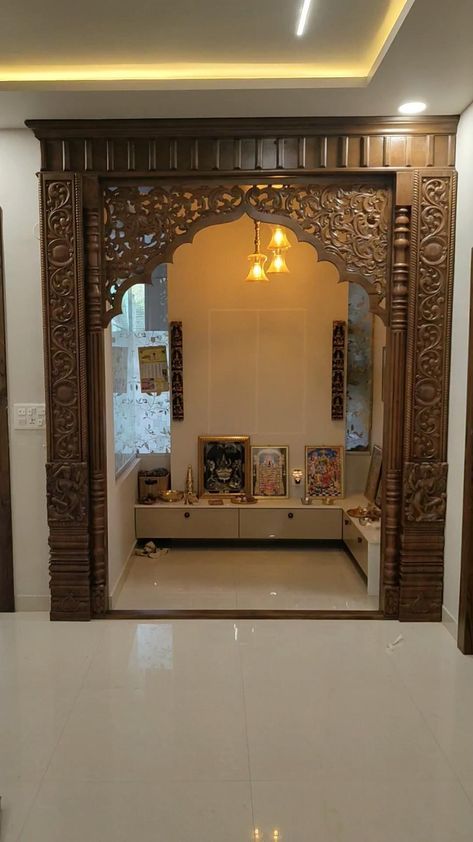 Wallpaper Decor Ideas, Wallpaper Design Ideas, Pooja Door Design, House Main Door, Indian Room Decor, House Main Door Design, Mandir Design, India Home Decor, House Interior Design Styles