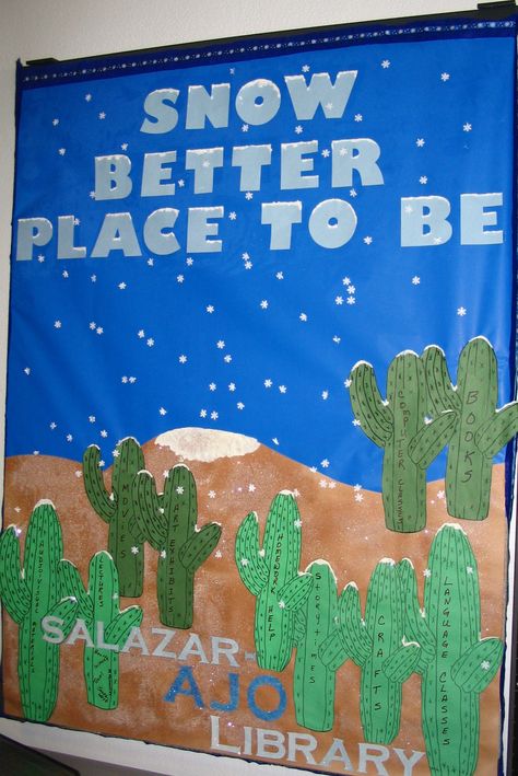 Winter 2012: Cactus are lettered with library programs/resources. Christmas Cactus Door Decoration, Cactus Door Decorations Classroom, Catholic Bulletin Boards, Teacher Bulletin Boards, Classroom Goals, Christmas Bulletin Board, Winter Bulletin Boards, Prek Classroom, Bulletin Board Borders