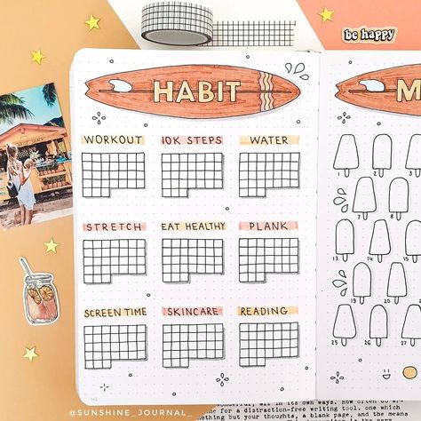 Claudia on Instagram: “Happy Wednesday🥥 Today I'm sharing my habit tracker for this month☺ The header is inspired by the amazing @littleolivebujo 🏝 . QOTD: Which…” Bullet Journal Month, Bullet Journal Page, Bullet Journal Ideas Templates, Journal Inspiration Writing, Habit Tracker Bullet Journal, Bullet Journal Notes, Bullet Journal Paper, Bullet Journal Tracker, Bullet Journal Diy