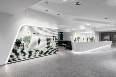 Futuristic Office Design, Futuristic Office, Futuristic Interior Design, Office Reception Design, Lobby Interior Design, Office Lobby, Hospital Interior, Reception Counter, Dental Office Design