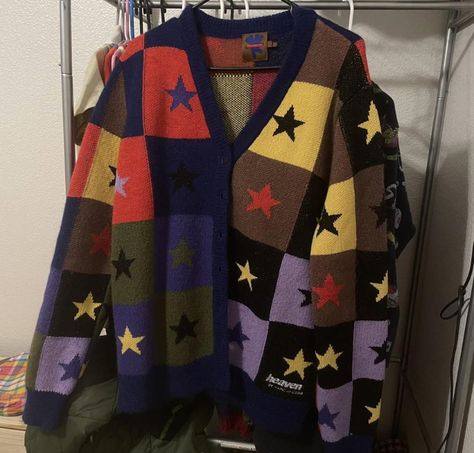 Star cardigan Celestial Themed Outfits, Hobbit Goth, Sweater Aesthetic Outfit, Weirdcore Clothes, Funky Sweaters, Stars Sweater, Sweater Aesthetic, Silly Clothes, Cool Clothing