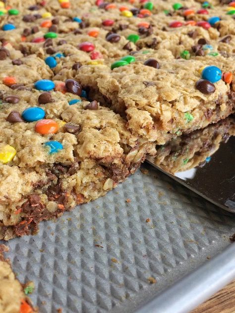 No Flour Monster Cookie Bars Breakfast Bar Party, Monster Cookie Bars Recipe, Monster Bars, Fishing Cookies, Bar Party Ideas, Budget Clean Eating, Party Food For A Crowd, Oats Peanut Butter, Peanut Butter Dessert Recipes