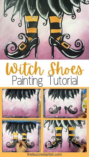 Fall Diy Canvas Painting Easy, Cute Witch Art Easy, Halloween Diy Canvas Painting, Fall Painting Tutorial Step By Step, Tole Painting Tutorials, Fall Watercolor Ideas For Beginners, Step By Step Painting Halloween, Halloween Paint Party Ideas, Step By Step Halloween Painting