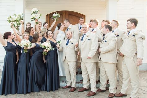 Navy Bridesmaid Dress And Tan Groomsmen, Tan Groomsmen Suits With Bridesmaids, Navy And Tan Wedding, Navy Blue Bridesmaids Dresses, Tan Groomsmen Suits, Tan Groomsmen, Tan Suit Wedding, Navy Blue Groomsmen, Tan Suits