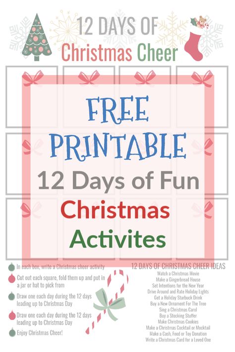 Add some Christmas cheer back into your life by using this 12 days of Christmas cheer free printable in the 12 days leading up to Christmas! #christmas #free #printable Free 12 Days Of Christmas Printables, 8 Days Of Christmas, Free Christmas Tags Printable, Make A Gingerbread House, Fun Christmas Activities, Christmas Tags Printable, Free Printable Tags, 25 Days Of Christmas, Christmas Calendar