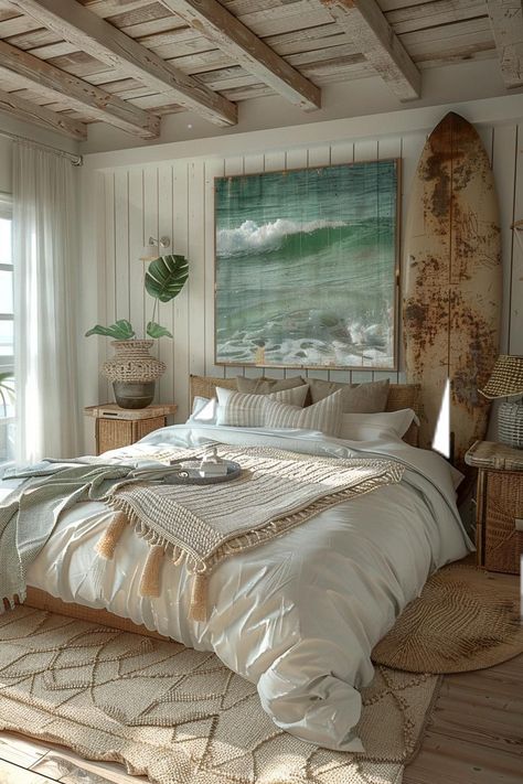 Bedroom Beachy Boho, Beach Room Design, Beach Theme Home Decor, Bohemian Coastal Bedroom, Beach Theme House Interior Design, Coastal Boho Bedroom Ideas, Beach Coastal Interior Design, Boho Bedroom Beach, Room Beach Aesthetic