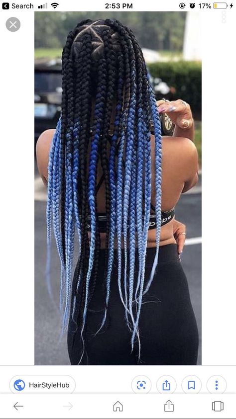 These are triangle based box braids. Two toned, black into blue then into even lighter blue. Triangle Braids Hairstyles, Box Braids Medium Length, Funky Braids, Box Braids Tutorial, Havana Twists, Triangle Braids, Triangle Box Braids, Colored Box Braids, Blonde Box Braids