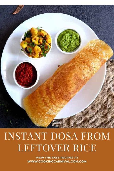 Don’t know what to do with leftover rice from yesterday night? The answer is Instant Dosa. Use up the leftover rice to make this quick crispy dosa. Serve with green mango chutney, dosa masala, and podi masala. Or just munch as it is. It takes 15 minutes to make it and it’s super crispy – no one will believe that this is made with leftover rice! #leftoverrice #dosa #indian #crispy #crepes #sooji #semolina #vegetarian #lunch #breakfast Indian Dosa Recipe, Green Mango Chutney, Rice Breakfast Recipes, Cooked Rice Recipes, Instant Dosa Recipe, Dosa Recipes, Leftover Rice Recipes, Leftover Breakfast, Khana Khazana