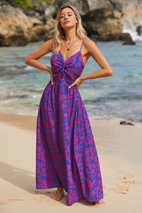 Floral Print Knotted V-Neck Maxi Dress Knotted Maxi Dress, Cupshe Dress, Purple Long Dress, Summer Items, Cruise Trip, Buy List, Swimwear Beach, Cruise Wear, Phish