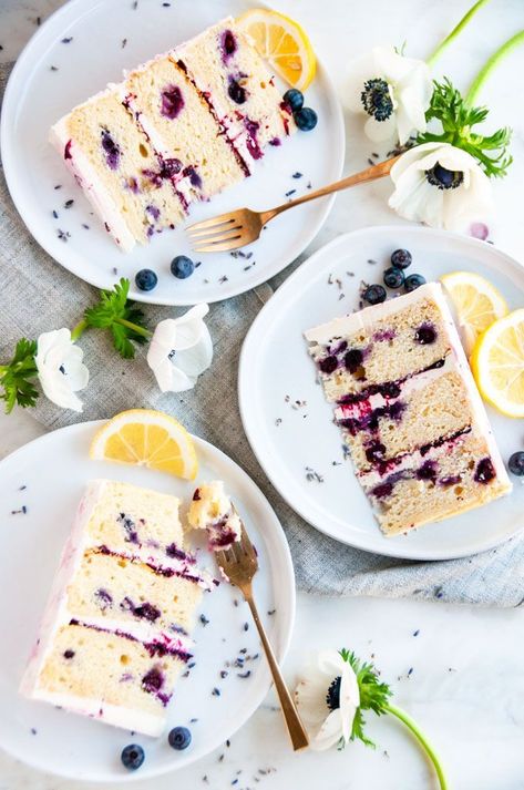 Lemon Blueberry Lavender Cake with Mascarpone Buttercream Frosting - A springtime sky high cake stacked with fresh blueberries and zesty flavor, layered with homemade blueberry lavender jam and mascarpone buttercream frosting. From aberdeenskitchen.com #lemon #blueberry #lavender #cake #layer #spring #mascarpone #buttercream #frosting #jam #spring #wedding Blueberry Lavender Cake, Mascarpone Buttercream, Lavender Jam, Cake With Mascarpone, Lemon Blueberry Cake, Blueberry Lavender, Lavender Cake, Culinary Lavender, Spring Cake