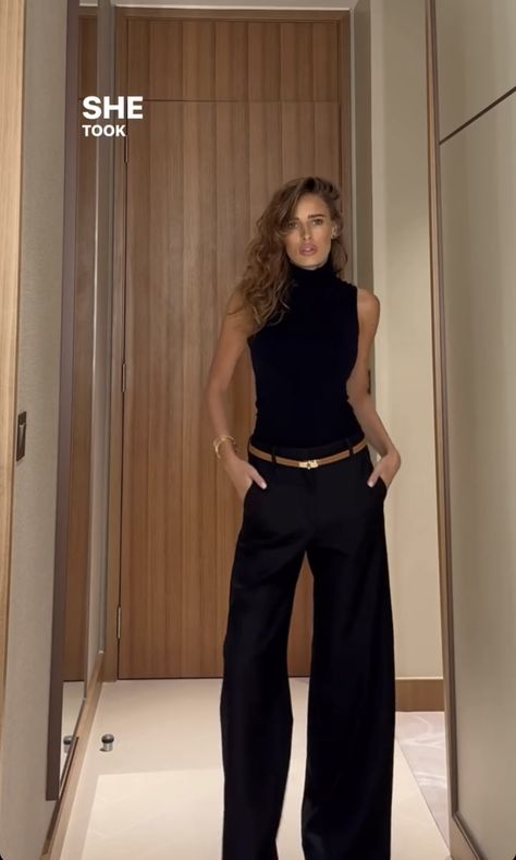 Professional Outfits Women All Black, Black Top And Trousers Outfit, Formal Hostess Outfit, All Black Outfit Gold Jewelry, Black Dress Styling Casual, H Belt Outfit Hermes, Black Heels And Jeans Outfit, Formal Black Pants Women, All Black Hostess Outfit