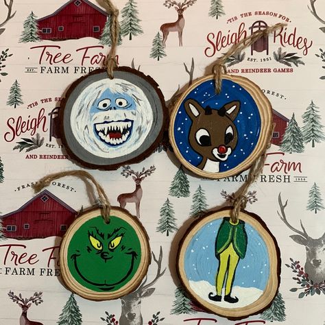 Four Piece Christmas Movie Ornament Set! Hand Paint And Wood! Handpainted Coasters Christmas, Christmas Movies Ornaments, Homade Christmas Ornament, Christmas Wooden Coasters, Rudolph Wood Slice Ornament, Wooden Orderments, Hand Painted Disney Ornaments, Diy Christmas Ornaments For Adults, Christmas Ornament Paintings