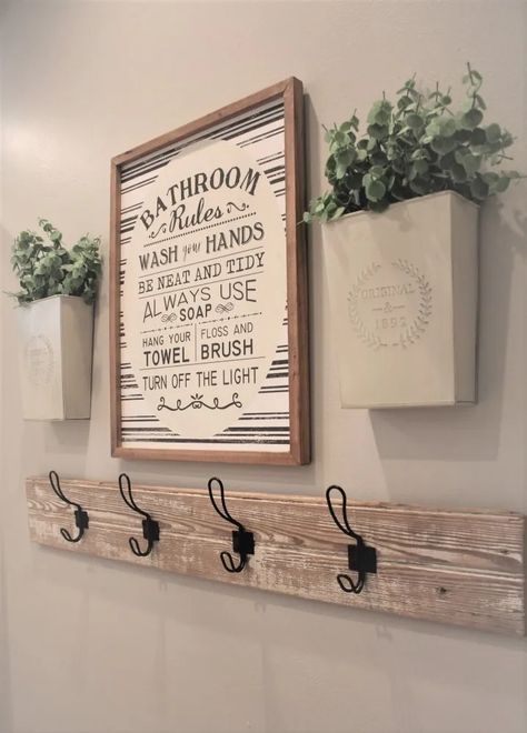 Neutral Kids Bathroom Ideas, Neutral Kids Bathroom, Farmhouse Bathroom Wall Decor, Main Bathroom Ideas, Bathroom Counter Decor, Modern Farmhouse Lighting, Guest Bathroom Decor, Shower Wall Panels, Bathroom Rules