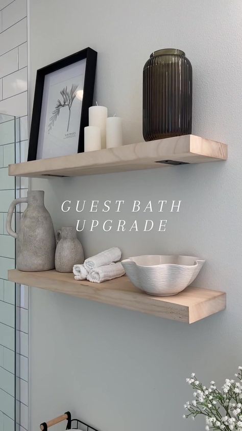 Kitchen Modern Decorating Ideas, Organic Modern Bathroom Shelf Decor, Small Bathroom Apartment Decoration, Small Spa Bathroom Ideas Modern, No Counter Bathroom Ideas, Restroom Floating Shelves Ideas, Bathroom Shelves Over Toilet Styling, Small Bar Bathroom Ideas, Modern Bathroom Shelf Decor