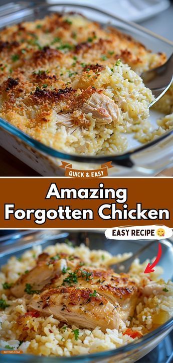 This Amazing Forgotten Chicken is a simple, flavorful dish that’s perfect for busy nights. Baked with rice and a savory sauce, it’s a set-it-and-forget-it meal that’s always a hit. #EasyDinners #ChickenRecipes #ComfortFood Bake And Forget Chicken, Forget About It Chicken, Forget It Chicken, Forgotten Chicken 12 Tomatoes, Forget It Chicken And Rice, Baked Chicken And Rice Cream Of Mushroom, Forget Me Chicken And Rice, Quick And Easy Rice Dinner Recipes, Forgotten Chicken And Rice