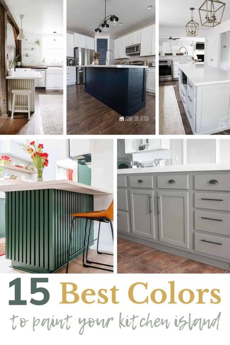 If you're thinking about repainting your kitchen island, check out these paint color ideas. Painted Kitchen Island With Wood Cabinets, Painted Island With Dark Wood Cabinets, Painted Island In White Kitchen, Accent Colors For Kitchen Island, Kitchen Island Colour Ideas, Dark Painted Kitchen Island, Best Island Paint Colors, Painting My Kitchen Island, Best Kitchen Island Paint Colors