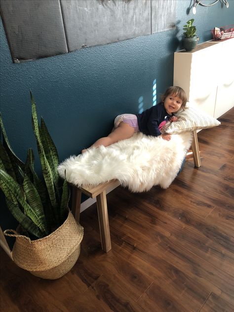 Loving this sheepskin rug with my IKEA bench. Makes it an extra cozy spot for reading and putting our shoes on. Sheepskin On Bench, Ikea Sheepskin Rug, White Fur Rug, Ikea Bench, Oak Bench, Cozy Spot, Fur Rug, Sheepskin Rug, Bassinet