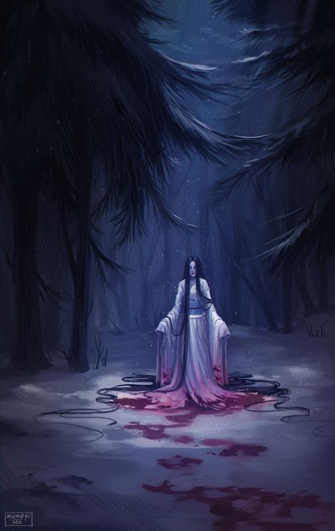 Yuki Onna Aesthetic, Japanese Mythology Aesthetic, Yuki Onna Art, Yokai Aesthetic, Japanese Vampire, Yokai Drawing, Ghost Oc, Wuxia Art, Japanese Urban Legends