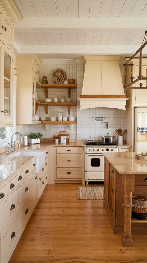 21 Timeless Beige Kitchen Cabinet Color Ideas For Any Style Kitchen With Light Oak Cabinets, Cabinet Colors For White Walls, Mushroom Colored Kitchen Cabinets, Cottage Style Kitchen Cabinets, White Warm Kitchen, Tan Cabinets Kitchen, Creamy Kitchen Cabinets, Kitchen Cream Cabinets, 2025 Kitchen Cabinet Trends