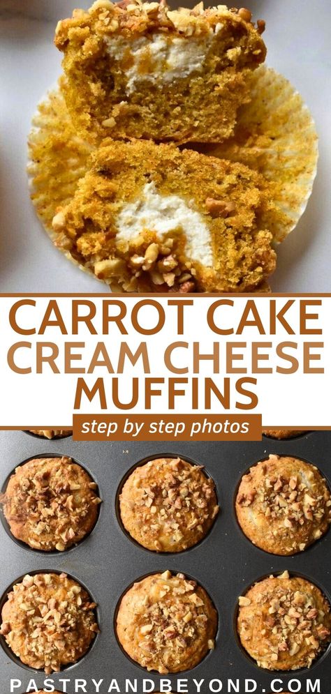 These carrot cake muffins with cream cheese filling is deliciously soft, moist and refreshing. Carrot Cream Cheese, Carrot Cake Muffins Recipe, Muffins With Cream Cheese Filling, Carrot Cake Muffin Recipe, Carrot Cheesecake, Carrot Muffin Recipe, Muffins With Cream Cheese, Spring Breakfast, Carrot Cream