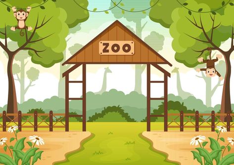 Zoo Cartoon Illustration with Safari Animals Monkey, Cage and Visitors on Territory on Forest Background Design Animal Cartoon Background, Zoo Background, Zoo Cartoon, Zoo Clipart, Cartoon Zoo Animals, Monkey Cage, Picture Story For Kids, Animals Monkey, House Cartoon