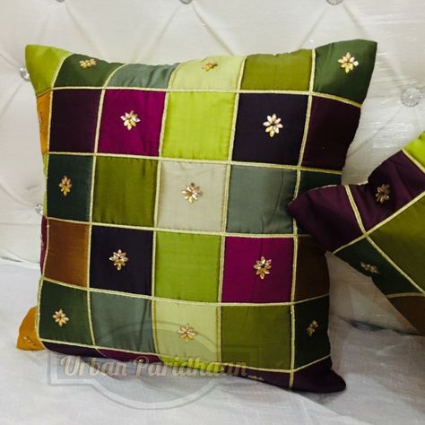 Urban Paridhaan’s Instagram photo: “Multicolour checkered silk cushion covers with golden stone and lace work✨ Set of 5 Dm for order ❤️ #handmade #supportsmallbusiness…”