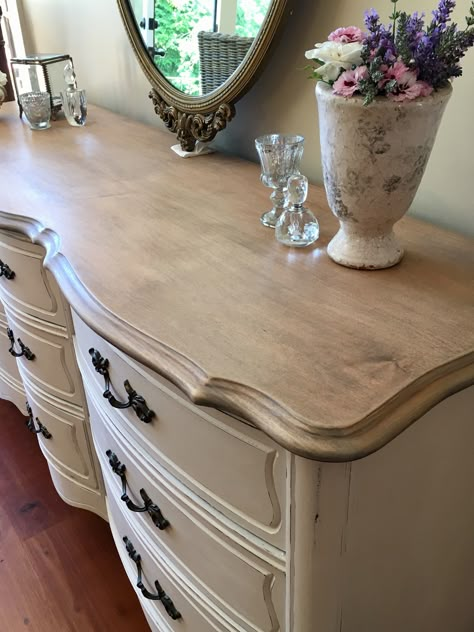 Refinished French Provincial dresser. Provincial and dark walnut stain by Minwax, sanded down and finished off with white wax. By Fynbos Co. Decor Provincial Dresser, French Provincial Dresser, French Provincial Furniture, Provincial Furniture, Transforming Furniture, Shabby Chic Dresser, Refinished Furniture, Furniture Rehab, Dark Walnut Stain